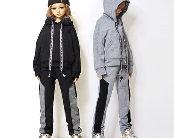 BJD Doll Clothes Full Set For 1/3 1/4 1/6 Hoodie+Trousers Black White Gray with Hat