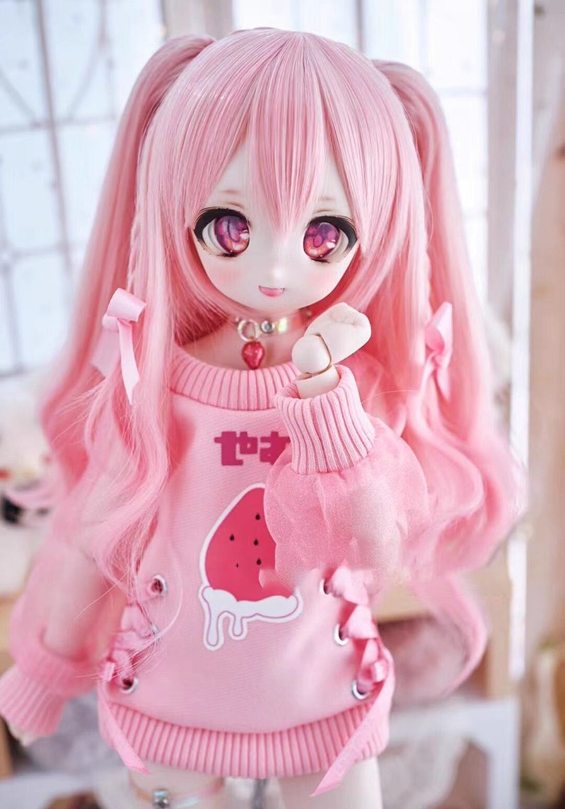 1/3 1/4 1/6 Bjd Cosplay Curly Hair,Double ponytails with Bowknot Braid Wig for BJD MDD SD Doll,Dolls Accessories Pink