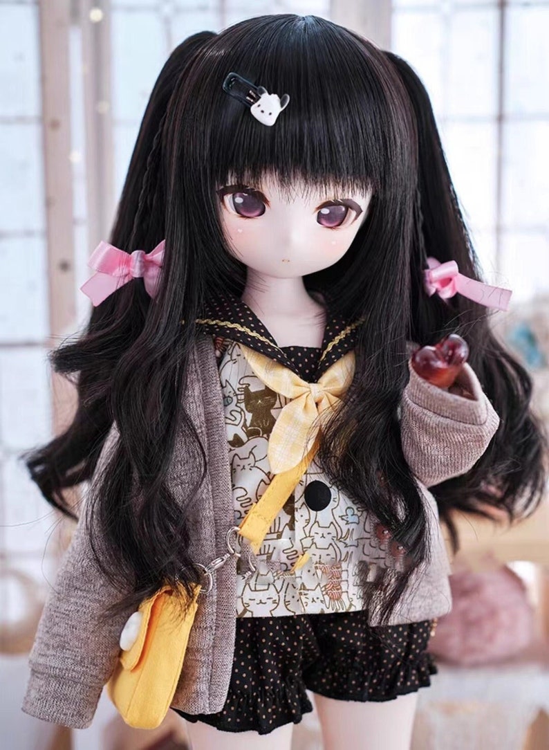 1/3 1/4 1/6 Bjd Cosplay Curly Hair,Double ponytails with Bowknot Braid Wig for BJD MDD SD Doll,Dolls Accessories Black