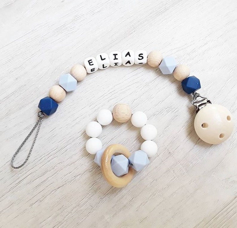 Pacifier chain with name and bite ring set