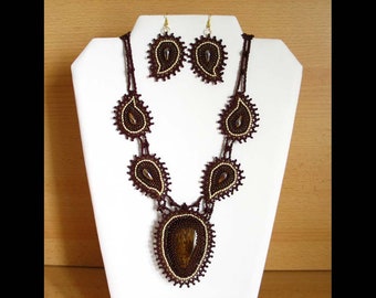 Schmuckset - Paisley mit Bronzit - Collier + Ohrringe; braun-bronze-creme