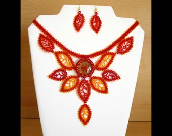 Jewelry set Russian Leaves with glass cabochon - necklace + earrings; red-orange