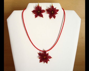 Jewelry set with flowers of rocailles; necklace+earrings; red