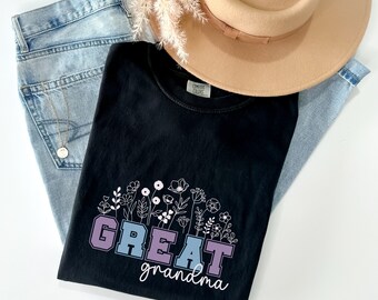 Great Grandma Mother's Day T-Shirt Collection Comfort Colors Tee for Mom, Mama, Mommy, Grandma, Nana, Gigi, Great Grandma and Aunt, Floral