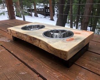 Live Edge Walnut Elevated Small Pet Feeding Stand with Wheatgrass Planter