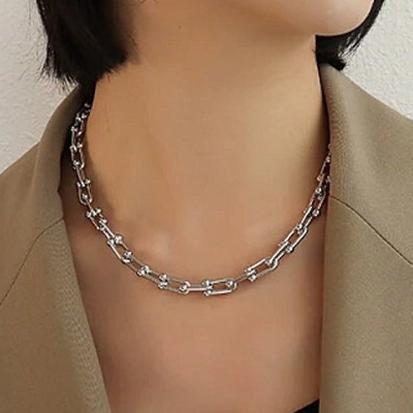 Collier à maillons étanche en or 18 carats et argent, collier chaîne en or, gros collier tendance avec longueur réglable, chaîne à maillons en U en acier