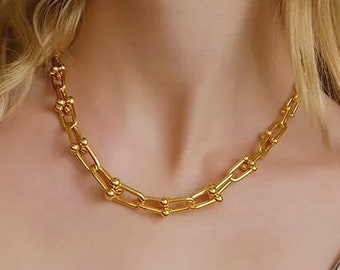 Waterproof 18K Gold & Silver U-Link Necklace And Bracelet, 16 Inch Gold Chain Necklace, Trendy Chunky Chain, Stainless Steel Chain