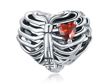 Sterling Silver Skeleton Heart Charm With Heart CZ Fits Pandora Charms Bracelet, Skeleton Charm, Gothic Skeleton Bracelet, Gothic Jewelry