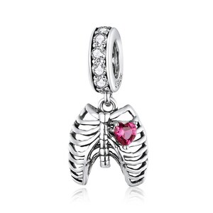 Sterling Silver Ribcage Pendant Charm With Heart CZ For Halloween Charms Bracelet, Skeleton Earrings, Medical Gift, X Ray Tech Gift Pendant Only