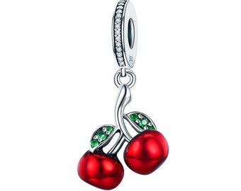 Sterling Silver Red Cherry Charm With CZ, Dangle Charm, Enamel Cherry Pendant For Pandora Style Bracelet, Cherry Charm Necklace, Fruit Charm