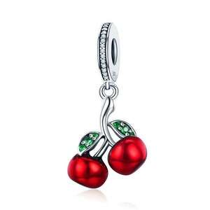 Sterling Silver Red Cherry Charm With CZ, Dangle Charm, Enamel Cherry Pendant For Pandora Style Bracelet, Cherry Charm Necklace, Fruit Charm image 1