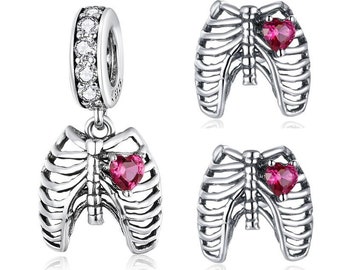 Sterling Silver Ribcage Pendant Charm With Heart CZ For Halloween Charms Bracelet, Skeleton Earrings, Medical Gift, X Ray Tech Gift