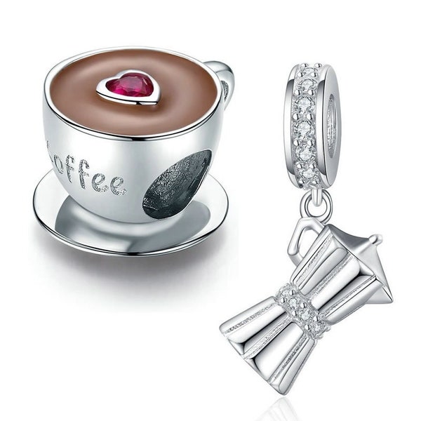 Breloque tasse à café en argent sterling avec breloque coeur, breloque café pour bracelet à breloques, breloque 3D, breloque cafetière, breloque amateur de café