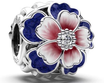 Pingente de flor rosa e azul para pulseira de berloques europeia, conta floral em prata de lei, pingente de flor de cerejeira com zircônias cúbicas brilhantes, joia para presente.