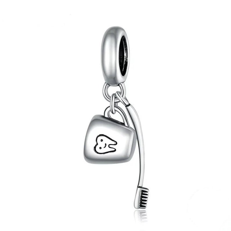 Sterling Silver Smiley Tooth Charm For Charms Bracelet, Tooth Necklace Dental Gifts, Toothbrush Charm & Teeth Jewelry, Dentist Gift Toothbrush & Cup