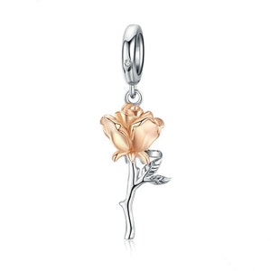 Sterling Silver Rose Flower Charm Rose Gold Fits European Charms Bracelet, Rose Flower Pendant For Flower Necklace, Rose Gold Flower Ring Rose Charm
