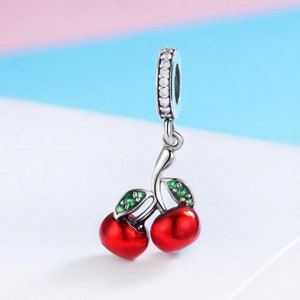 Sterling Silver Red Cherry Charm With CZ, Dangle Charm, Enamel Cherry Pendant For Pandora Style Bracelet, Cherry Charm Necklace, Fruit Charm image 3