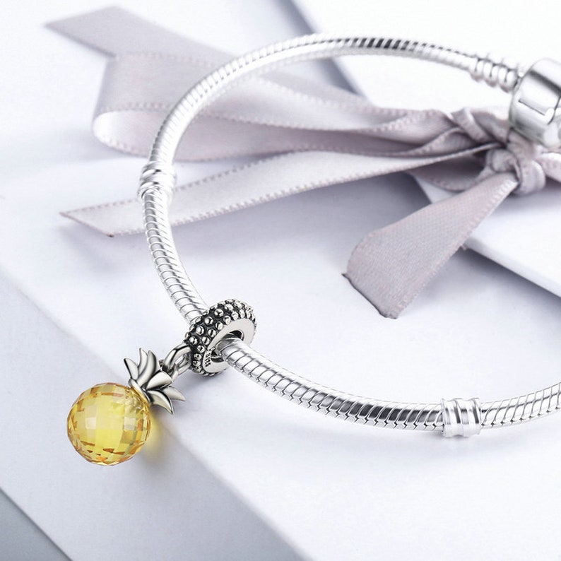 Sterling Silver Pineapple Charm & Yellow Crystal Pendant Charm, Pineapple Pendant Fits European Charm Bracelet, Hawaiian Pineapple Earrings image 3