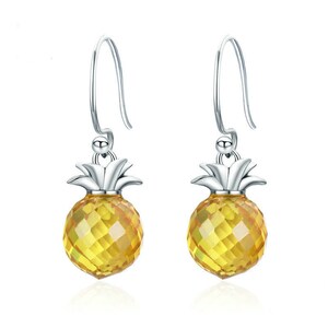 Sterling Silver Pineapple Charm & Yellow Crystal Pendant Charm, Pineapple Pendant Fits European Charm Bracelet, Hawaiian Pineapple Earrings Silver Earrings Only