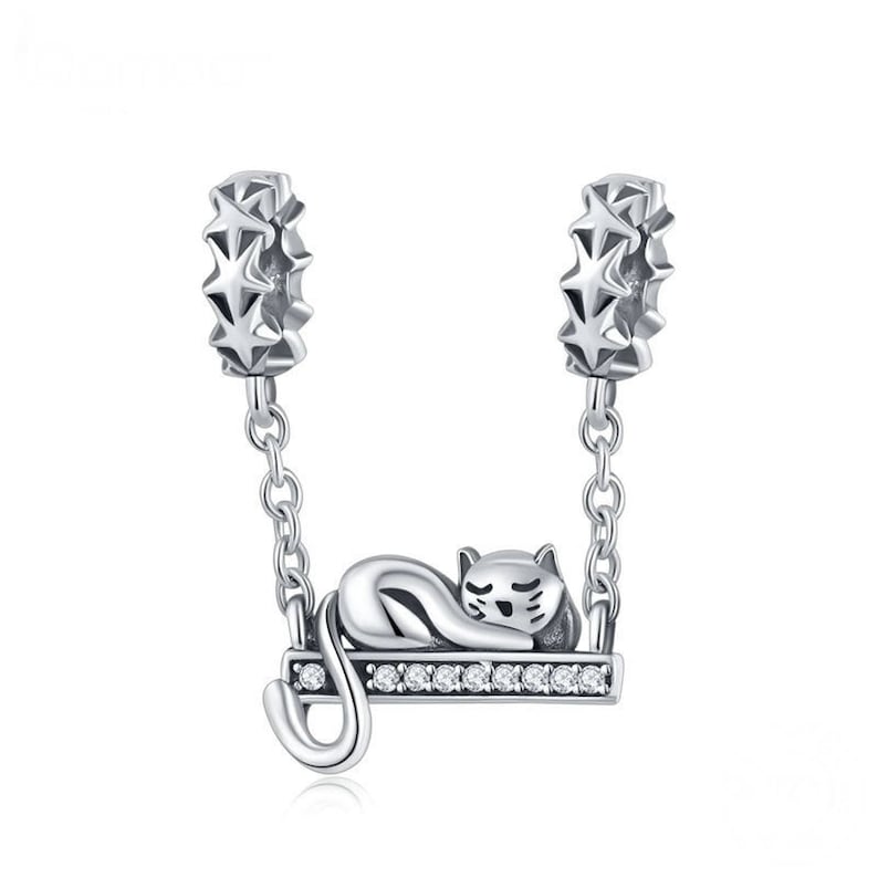 Sterling Silver Cat Charm With CZ, Silver Cat Dangle Charm Fits Pandora-Style Bracelet, Cat Pendant Necklace DIY, Cat Bed Pendant Charm image 1