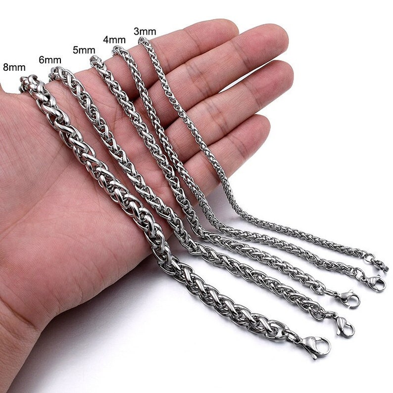 Waterproof Stainless Steel Chain Necklace 316L, Silver Chain For Pendant, Wheat Chain For Men & Women, 3mm, 4mm, 5mm, 6mm, 7.5mm, 18 30 image 2