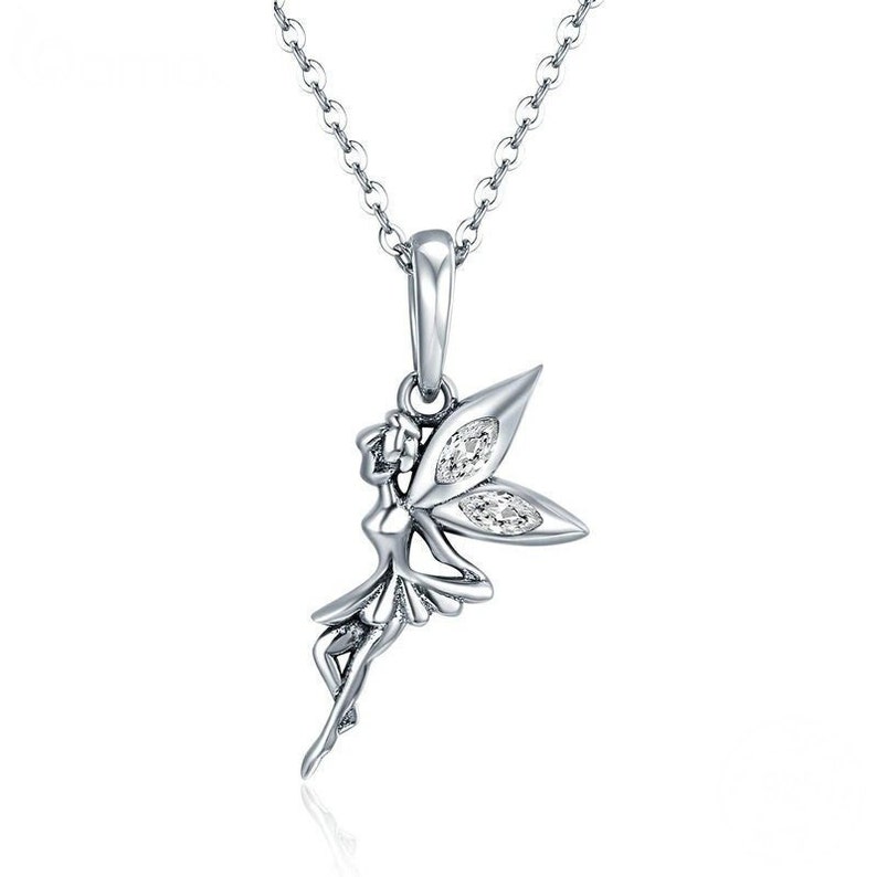 Sterling Silver Flying Angel Charm With CZ, Silver Tinkerbell Charm Fits European Charms Bracelet, Fairy Pendant Tinkerbell Necklace Yes, Charm & Chain