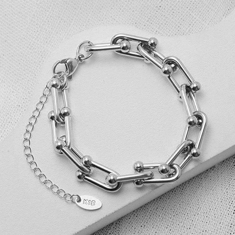 Waterproof 18K Gold & Silver Link Necklace, Gold Chain Necklace, Trendy Chunky Chain Necklace With Adjustable Length, U Link Chain Steel 6"+2" Bracelet Only