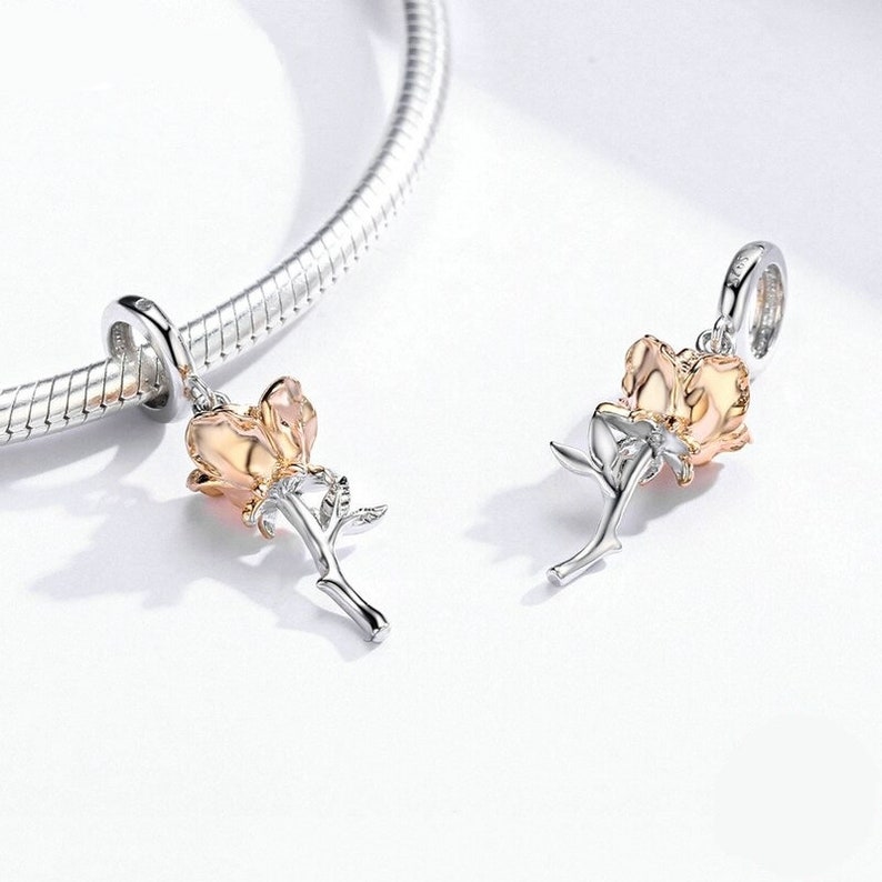 Sterling Silver Rose Flower Charm Rose Gold Fits European Charms Bracelet, Rose Flower Pendant For Flower Necklace, Rose Gold Flower Ring image 2