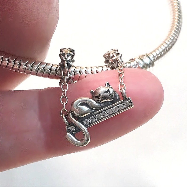 Sterling Silver Cat Charm With CZ, Silver Cat Dangle Charm Fits Pandora-Style Bracelet, Cat Pendant Necklace DIY, Cat Bed Pendant Charm image 10