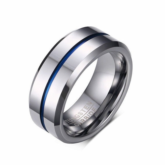 8mm Silver Tungsten Wedding Band With Blue Line, Men Tungsten Ring Band, Men Tungsten Ring, Tungsten Band, Personalized Jewelry Mens Ring