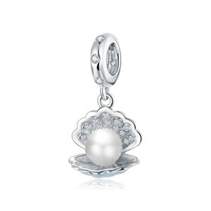 Sterling Silver Conch Shell Charm With CZ, Seashells Pendant Fits European Charms Bracelet, Pearl Necklace DIY, Ocean Pearl Shell Jewelry Pearl Shell