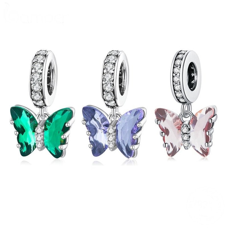 Sterling Silver Butterfly Charm CZ Big Hole, Butterfly Pendant Fits European Charm Bracelet, Butterfly Necklace, Pink Butterfly Jewelry image 1