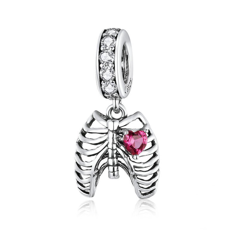 Sterling Silver Ribcage Pendant Charm With Heart CZ For Halloween Charms Bracelet, Skeleton Earrings, Medical Gift, X Ray Tech Gift Pendant Only