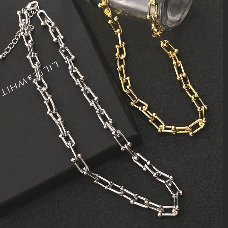 Waterproof 18K Gold & Silver Link Necklace, Gold Chain Necklace, Trendy Chunky Chain Necklace With Adjustable Length, U Link Chain Steel 16" Necklace Only