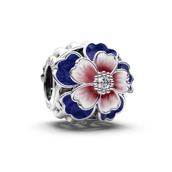 Sterling Silver Cherry Blossom Charm With CZ & Pink Bead Enamel, Pandora Style Flower Charm Bracelet, Sakura Charm Floral Jewelry Gift
