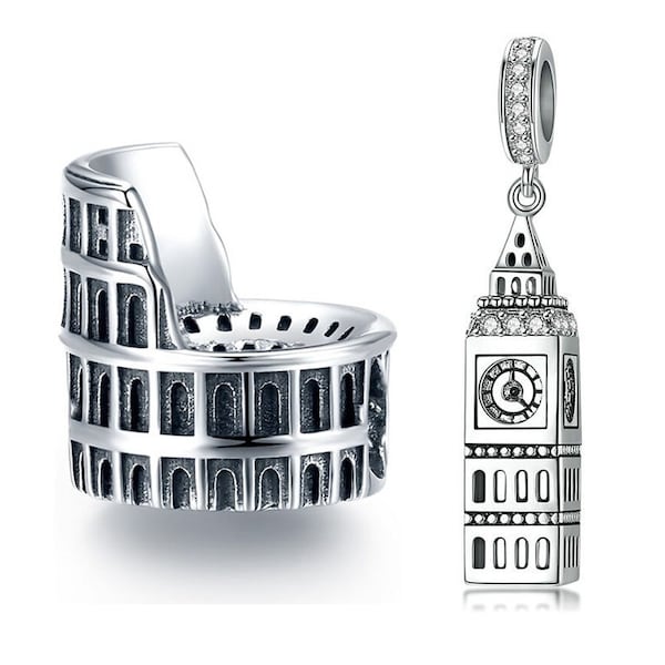 Sterling Silver Roman Colosseum Charm, Big Ben Charm, Travel Charm For European Charm Bracelet, London Charm, European Historical Jewelry