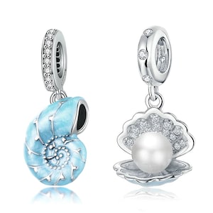 Sterling Silver Conch Shell Charm With CZ, Seashells Pendant Fits European Charms Bracelet, Pearl Necklace DIY, Ocean Pearl Shell Jewelry