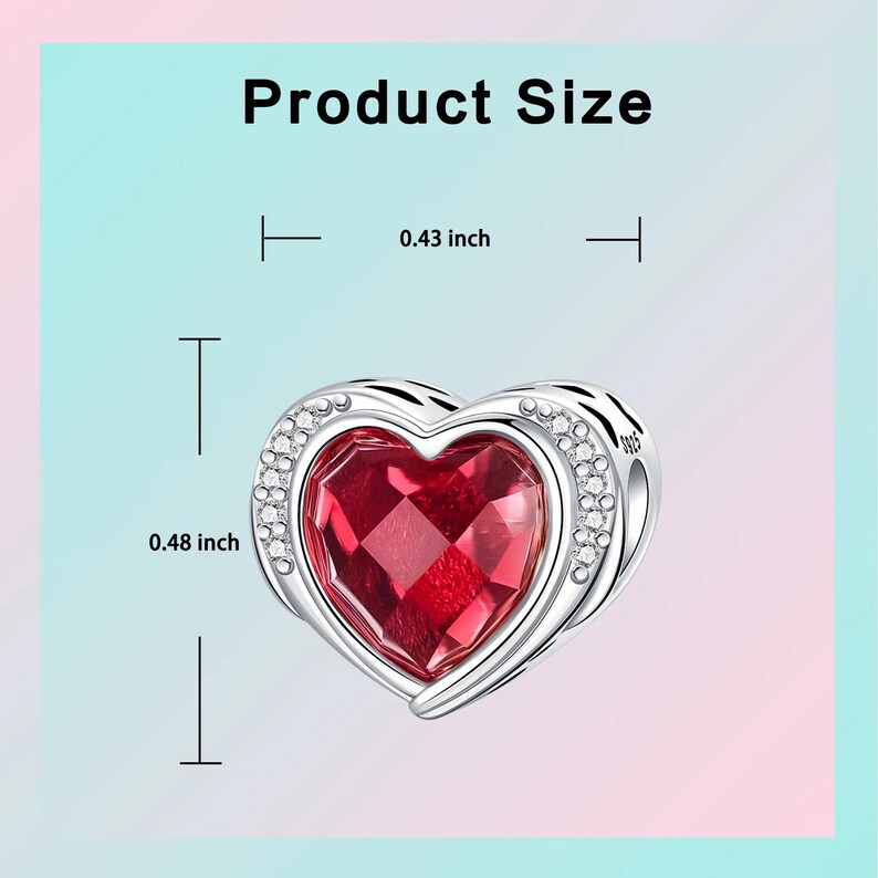 May include: A silver heart-shaped charm with a large, faceted red gemstone center. The charm is 0.43 inches wide and 0.48 inches tall, with a border of small, clear crystals. The text "Product Size" is at the top.