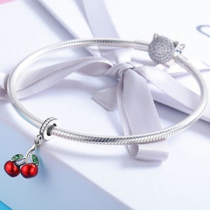 Sterling Silver Red Cherry Charm With CZ, Dangle Charm, Enamel Cherry Pendant For Pandora Style Bracelet, Cherry Charm Necklace, Fruit Charm image 4