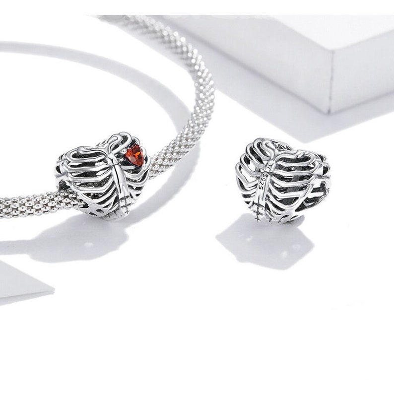 Sterling Silver Skeleton Heart Charm With Heart CZ Fits European Charms Bracelet, Skeleton Charm, Gothic Skeleton Bracelet, Gothic Jewelry image 3