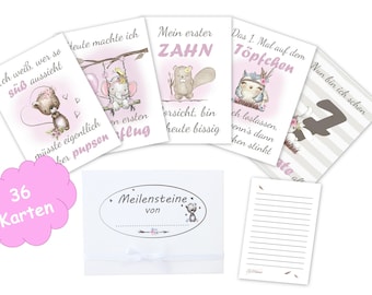 36 Meilensteinkarten lustig, rosa, Mädchen, Baby Meilensteine, Geschenk zur Geburt, Geschenkset