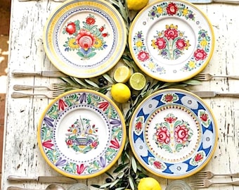 4 piatti in ceramica vintage, ciotola da frutta decorativa colorata in stile folkloristico, piatti da parete, decorazione floreale solare, stile mediterraneo, stile boho finca hacienda