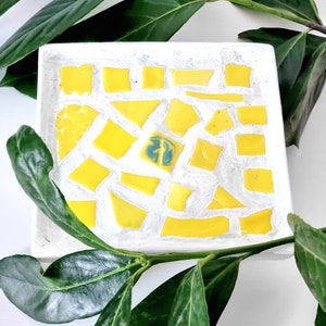 Può includere: Un piccolo vassoio quadrato bianco con un design a mosaico fatto di piastrelle gialle. Il vassoio è circondato da foglie verdi.