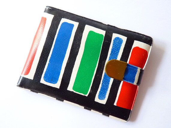 Vintage travel toiletry case, 1950s/60s, Mod Pop Art style, with scissors, vinyl, colorful sewing kit, travel case, Op Art, vibrant, MIRO art style, DIY sewing case, sewing kit