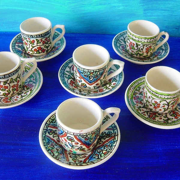 Rare Antique Iznik Mocha Cups Cornflower Decor, Old Hand-Made-Painted Pottery, Bohemian-Eclectic Ceramics, Ethnic Decor, Oriental, Moorish