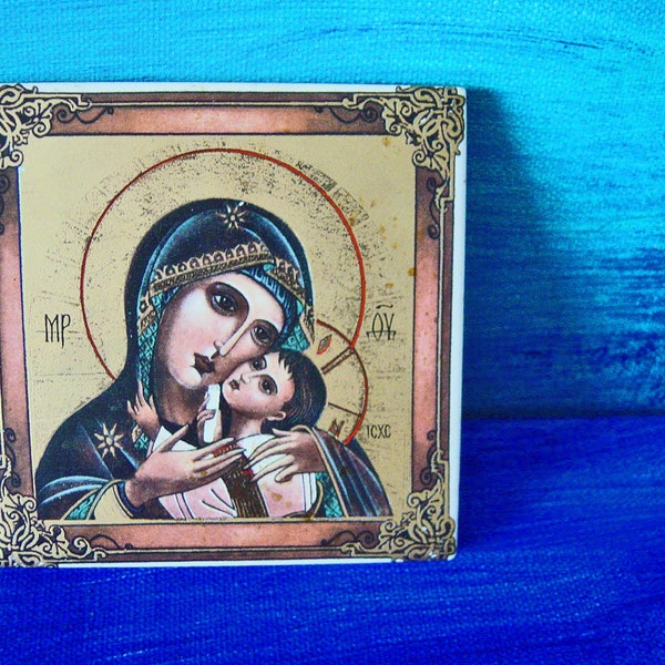 Vintage tile Holy Madonna, mother with child, gold colored details, Italy decorative tile icon, tile shrine, boho hacienda finca