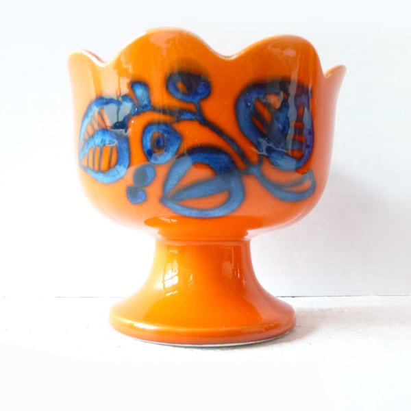 Pop Art jewelry bowl, vintage SMF Tivoli centerpiece jam mustard, Schramberger Majolika Manufaktur, orange blue, WGP lava ceramic 70s