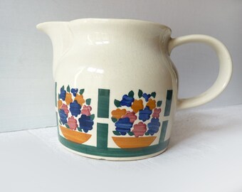 Vintage Milchkanne 60er 70er Keramik, Krug Grau-Weiß Bunt Schablonen-Dekor, Mid-century Steingut, Hippie Küche Boho Geschirr, Landhaus Küche