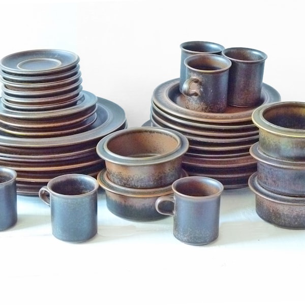 Arabia Ruska Finland Ulla Procope Design, vintage dinner service plates cereal bowls coffee tea cup tableware set, country house ceramic brown
