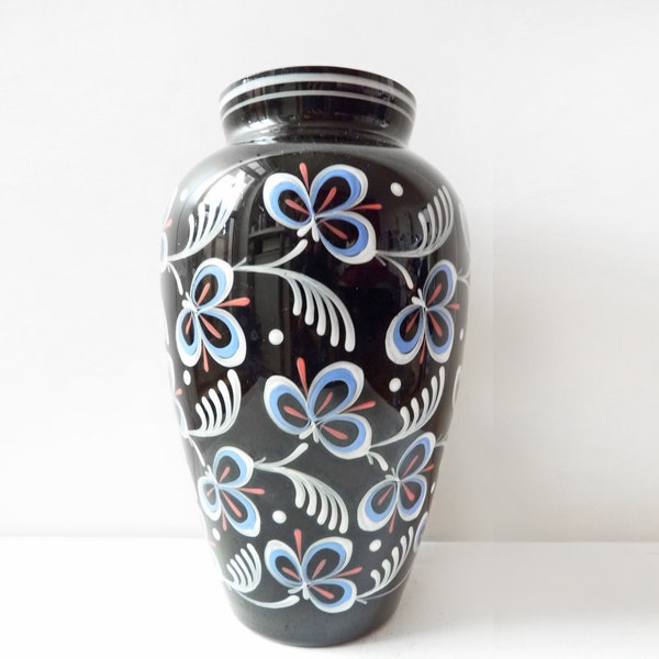 Vintage Hyalith Glas Vase Schneemalerei, 50er Art Deco Rockabilly Schwarzglas Blumenvase, Studioglas Frankreich Farben Tricolore Kleblatt